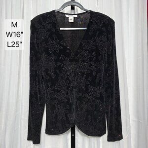 Patra Blouse Womens Medium Black Slinky Glitter Floral Knot Front V-Neck USA